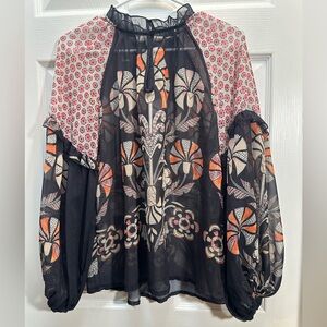 Sheer Floral Mix-Print Blouse - Black with Pink & Orange